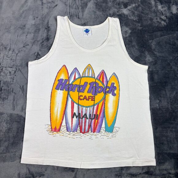 Vintage Hard Rock Cafe Maui Surfboard Tank Top White M USA‎ Made 90s - Picture 1 of 9